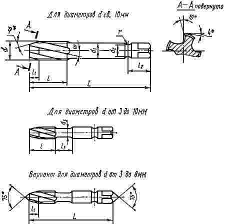 ГОСТ 17933-72 Метчики машинные с винтовыми канавками. Конструкция и размеры (с Изменениями N 1, 2, 3)